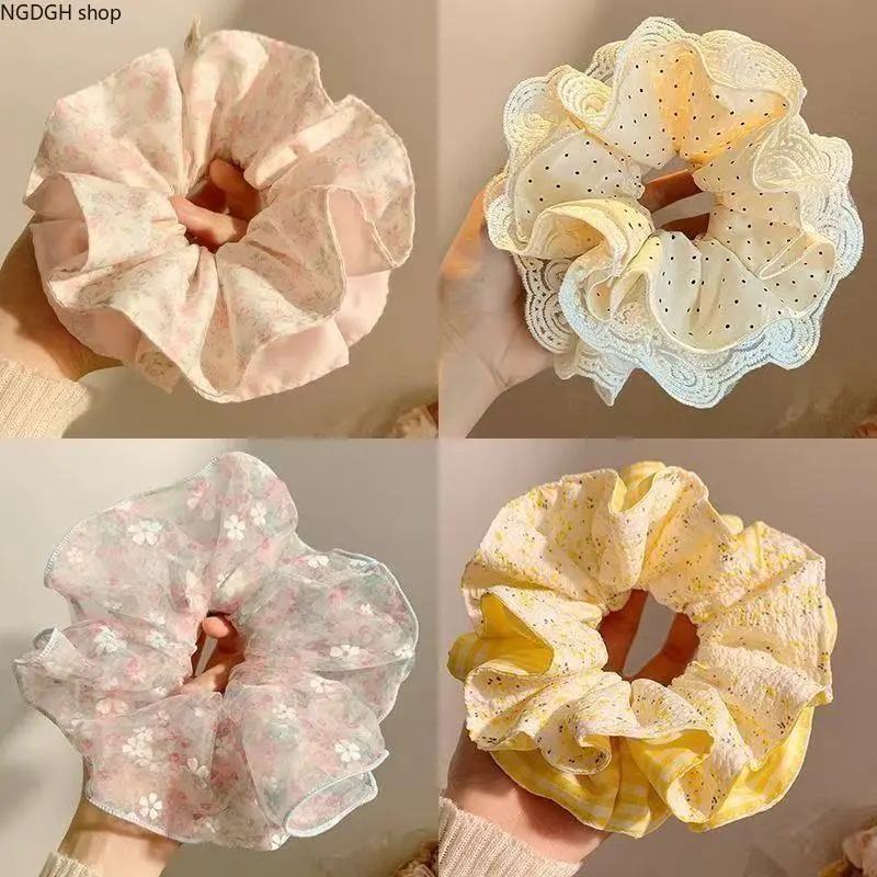 Large Floral Hair Scrunchie - Sporty Chic Vintage-Inspired Soft Cotton Chiffon Bow Tie, Cute Prints, Gentle Volume, Comfortable Hold, Pink Bubble Mesh, Pink Waist Accent, White Double Lace for Everyday Hair Care, Beach Vacation Use