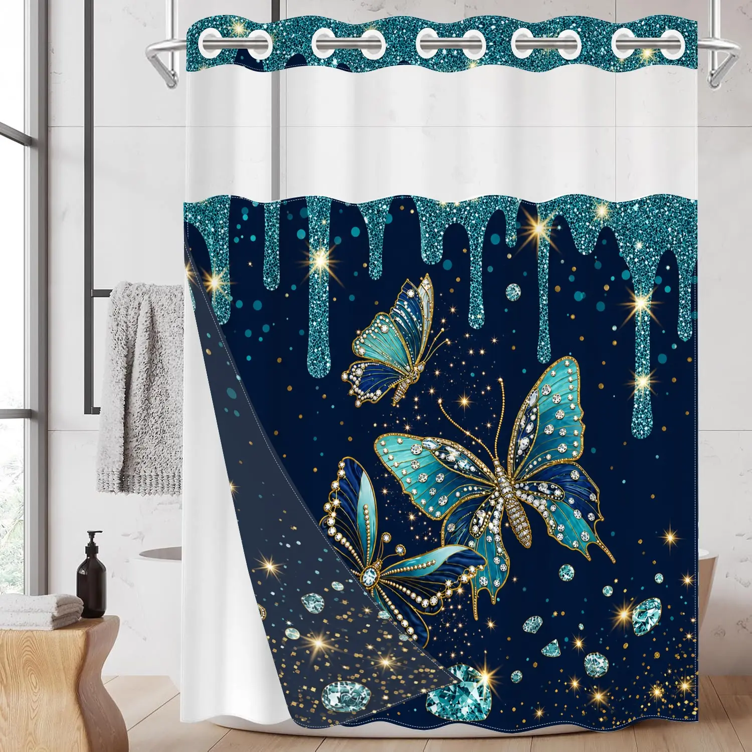1pc Butterfly Shower Curtain, Double Layer, Mold-Resistant Polyester, Wall Mounted, Bathroom Decor, Hotel, Home Decoration