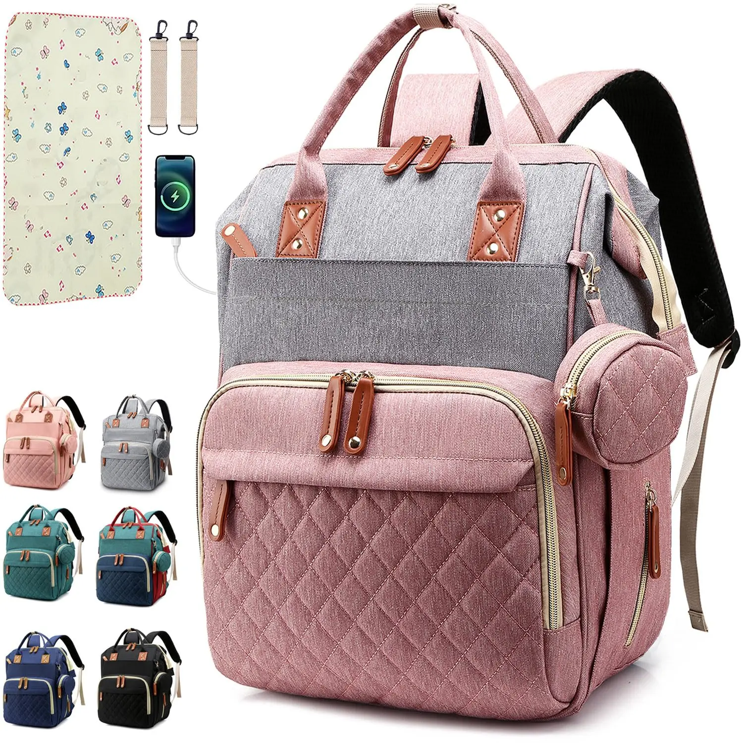 Diaper Bag Backpack Baby Bag, Baby Girl Boy Diaper Bag for Dad Mom with Pad, 16 Pockets, Pacifier Case, Large Diaper Bags Unisex for Travel(Pink Grey) bag unisex travel essential Diaper Backpack bottle holder capacity travel backpack