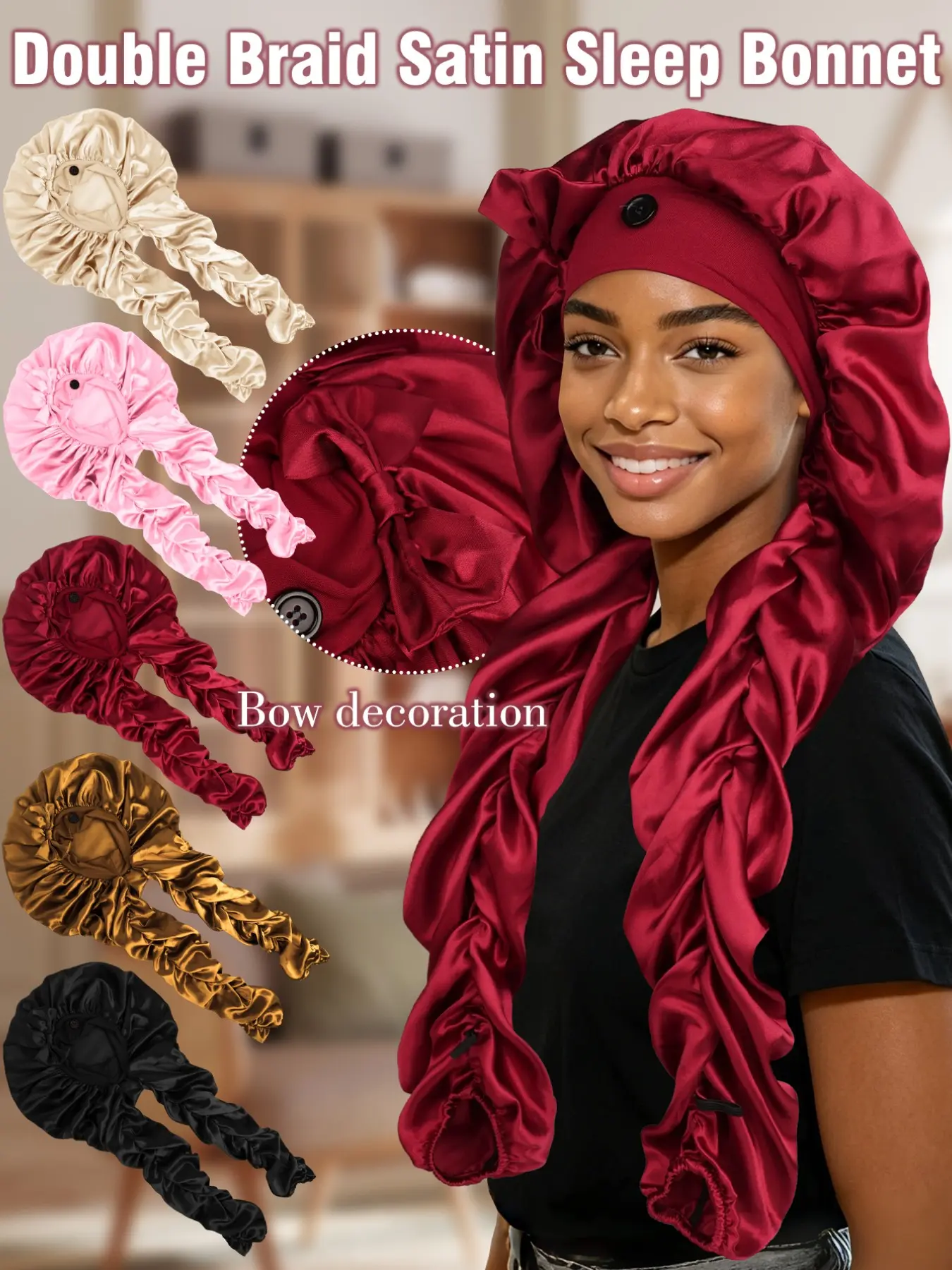 Women's Satin Bow Long Braid Sleep Cap, Adjustable Button Sleep Hat, Curl Night Headscarf, Smooth Anti-Static Hair Protection Cap