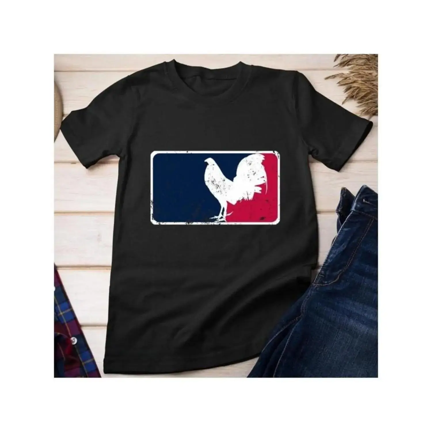 Women's Oversized Short-Sleeve Soft Denim Vintage GameFowl Major League Rooster Graphic Tee, Premium Cotton Crew Neck, for Casual Streetwear & Outdoor Adventures, Shortsleeve, Top, Tshirt, Vibe, Biker, Round Neck, Graphic Print, Rooster Logo, Lightweight,