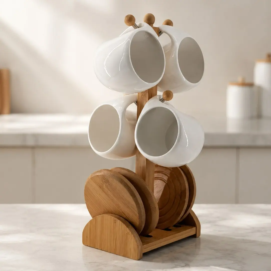 Ceramic Coffee Cup Set with Coaster, Latte/mocha Cups with Spoon and Hook, Elegant Durable Mug Sets for Home Office Café, Ideal Gift Set