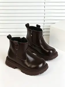 Kids Classic Chelsea Ankle Boots, Full Smooth Faux Leather, Inner Side Zipper & Double Pull Tabs, Chunky Block Sole, 2 Colors Dark Brown Black, All Season Casual Footwear for Boys Girls US UK EU Sizes