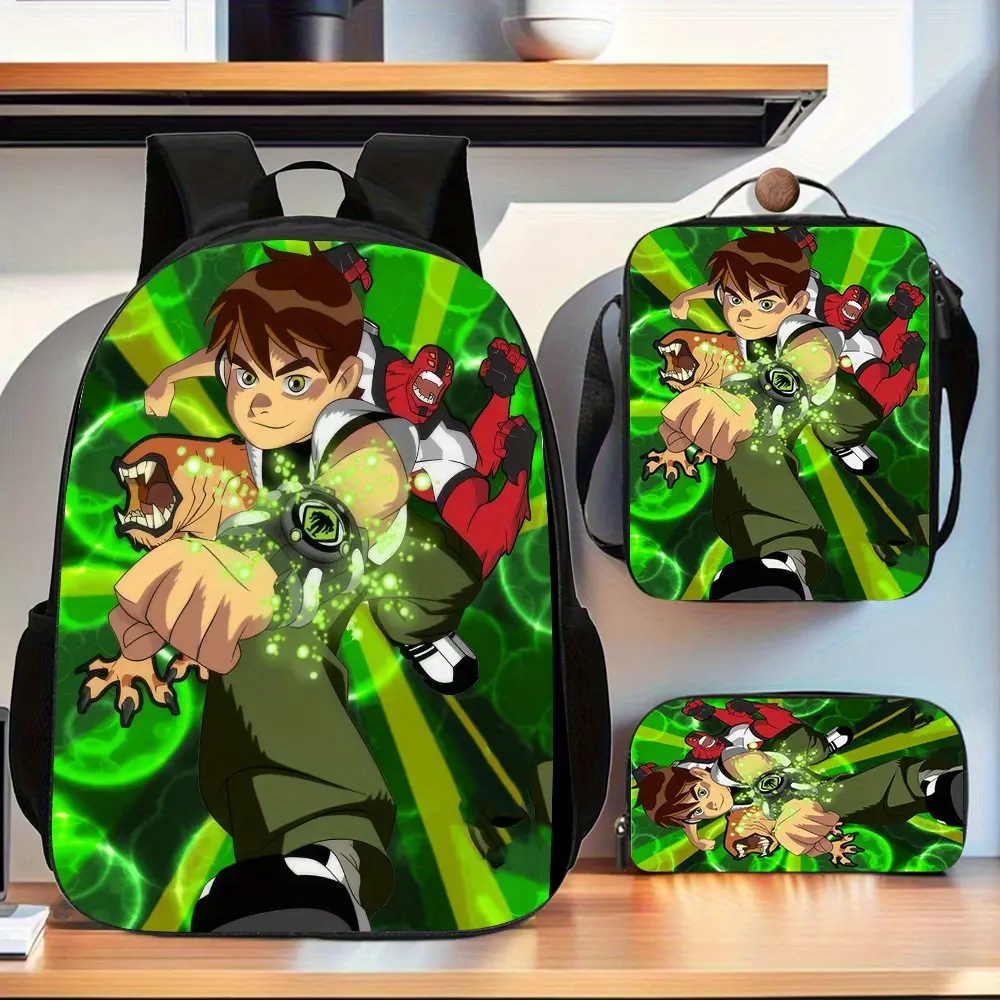 3-Piece Kids Water Resistant Backpack Set, Ben 10 Omnitrix Alien Creature Green Energy Beam Cartoon Print School Kit Backpack Lunch Bag Pencil Case 600D Oxford for Boys Elementary Daily Use