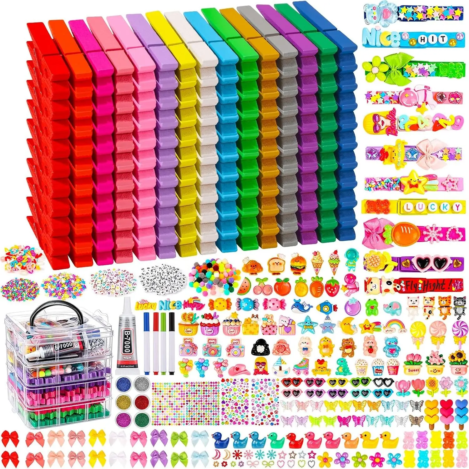 150 Colored Wooden Clothes Pins with 470 Cheer Pin Charms, Bow Stickers, Beads & Glitter for Team Backpacks & Ribbon, Cheer Clothespins Decoration for Cheerleader Gifts Bulk(Gift)