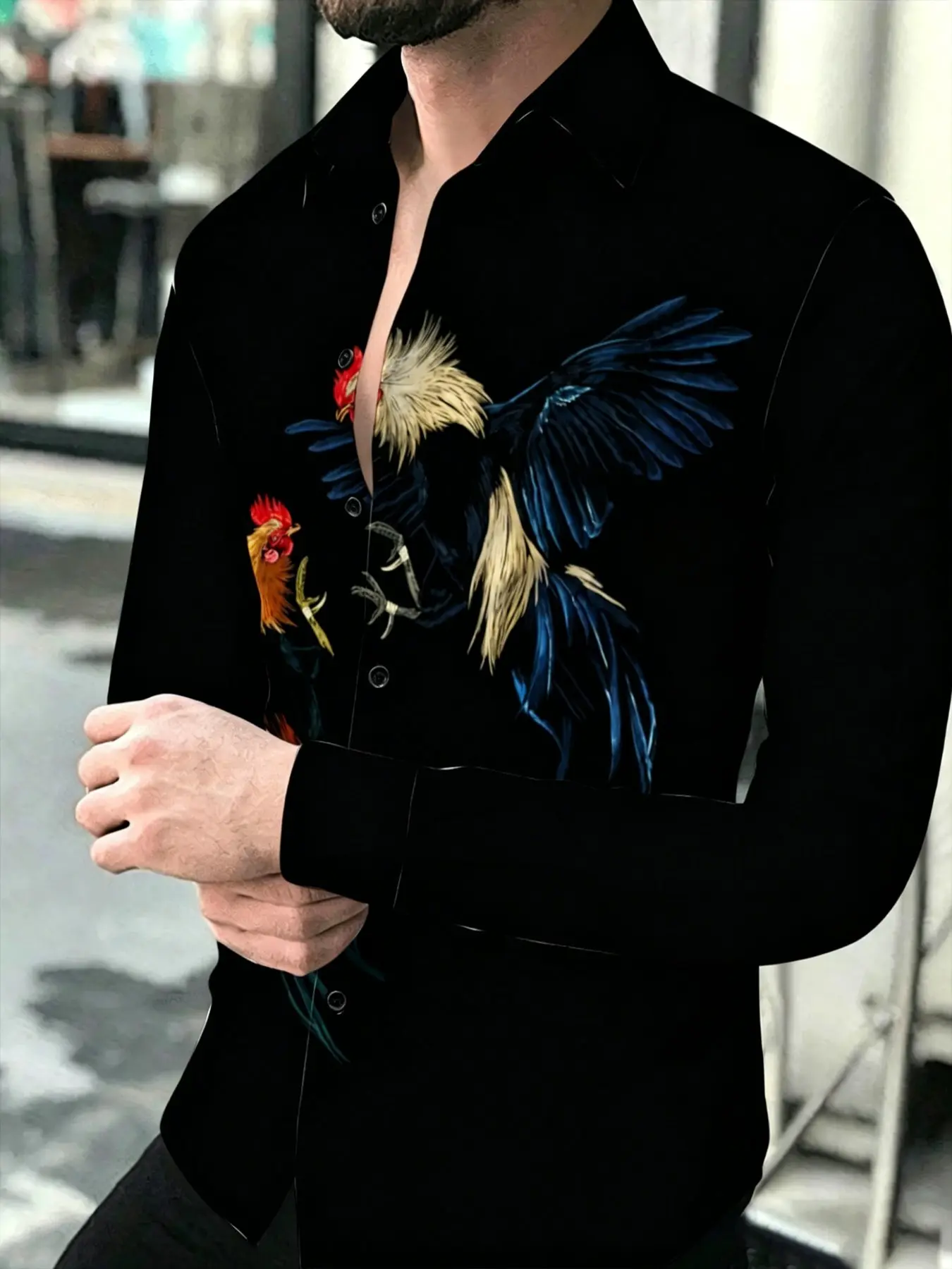 Men's Long Sleeve Shirt with Rooster Print Design Fashion Casual Daily Commuting Versatile Top Suitable for leisure and sports scenarios, Casual Printed Menswear, Casual Stylish Clothing