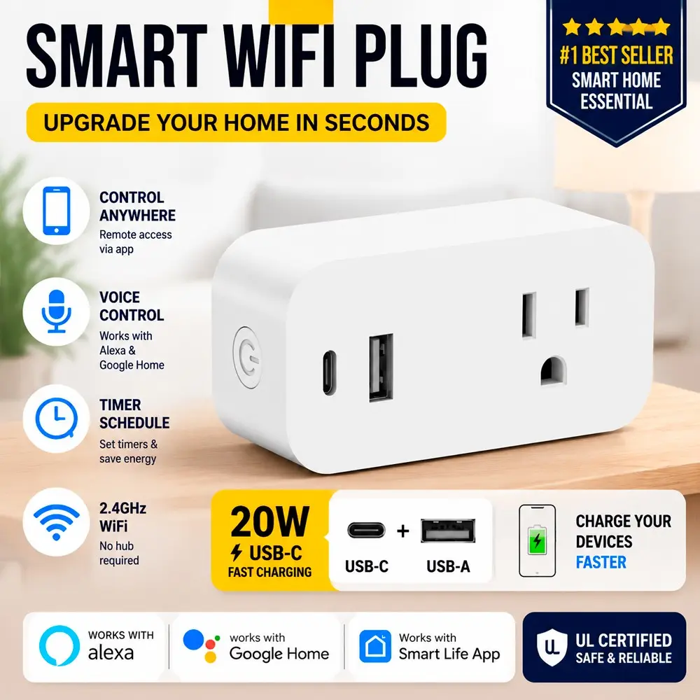 20W USB-C WiFi Smart Plug Outlet, Remote Control Socket with Timer, Voice Control Compatible with Alexa & Google Home
