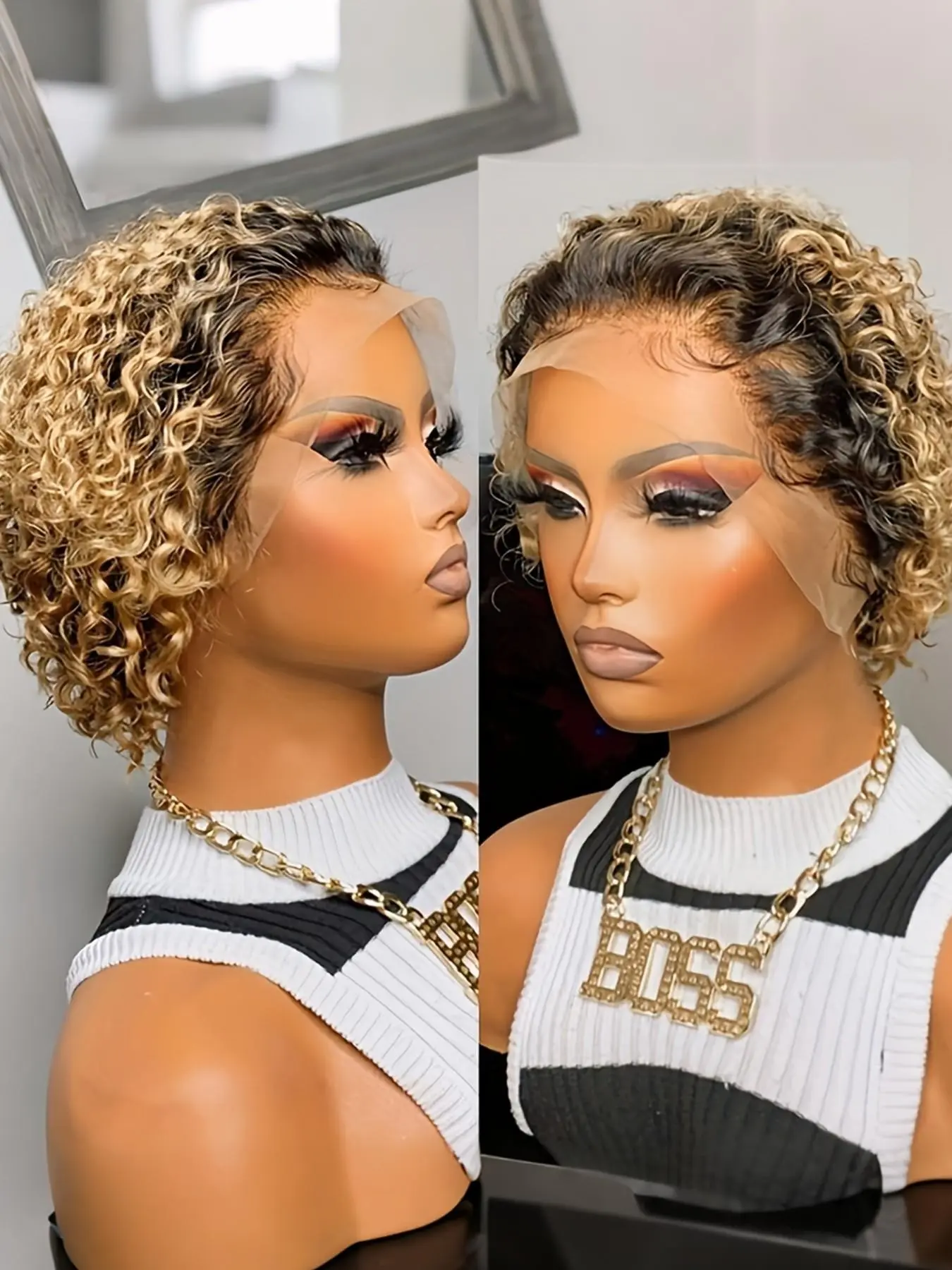 1B/27 Ombre Color Pixie Cut Curly Wave Human Hair Wig for Women 150% Density 6 Inch Fluffy Curly Wig