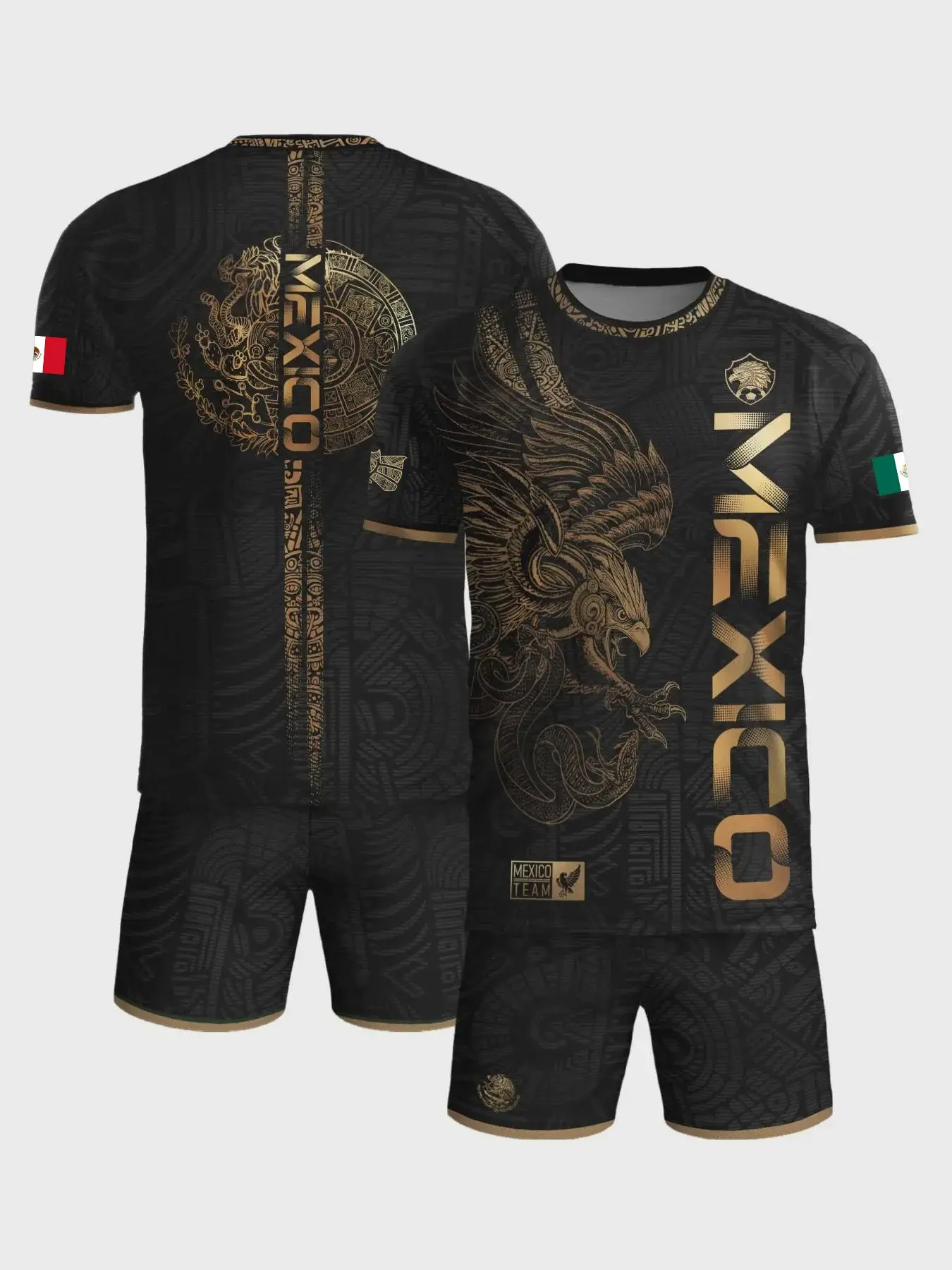 Mexican Golden Eagle Aztec Warriors Football Suit, Sports Shirt and Pants, Fan Sportswear Top, Casual Short Sleeved T-Shirt and Shorts Set, All Seasons
