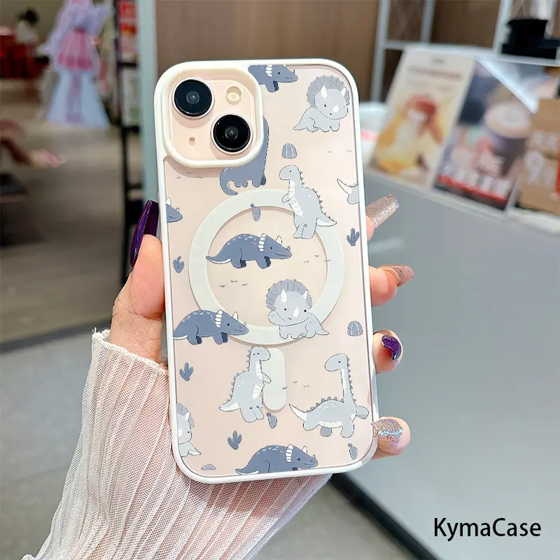 Phone Case - Cute Blue Dinosaurs with Leaves And Playful Nature Scene Magnetic Bare-Hand Feel Drop-Proof And Scratch-Resistant Protective Case Suitable for iPhone 17 E Air Pro ProMax iPhone16 15 14 Plus 13 12 Mini 11 X XS XR an Excellent Gift Choice