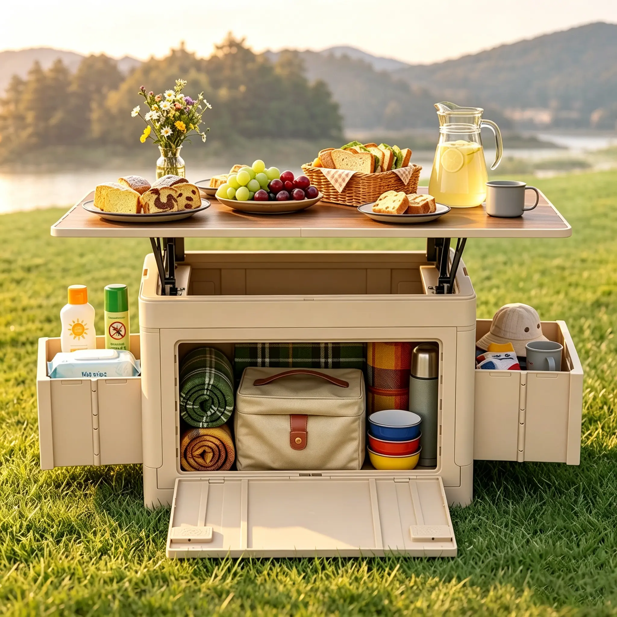 Rectangular Foldable Camping Storage Box - Integrated Expandable Tabletop, Wood Grain Desktop, Spring-Loaded Bracket, Side Drawer, Odorless PP Material, Multi-Zone 1-Piece Design, Ideal for Outdoor Camping, Outdoor Events, Car Trunk