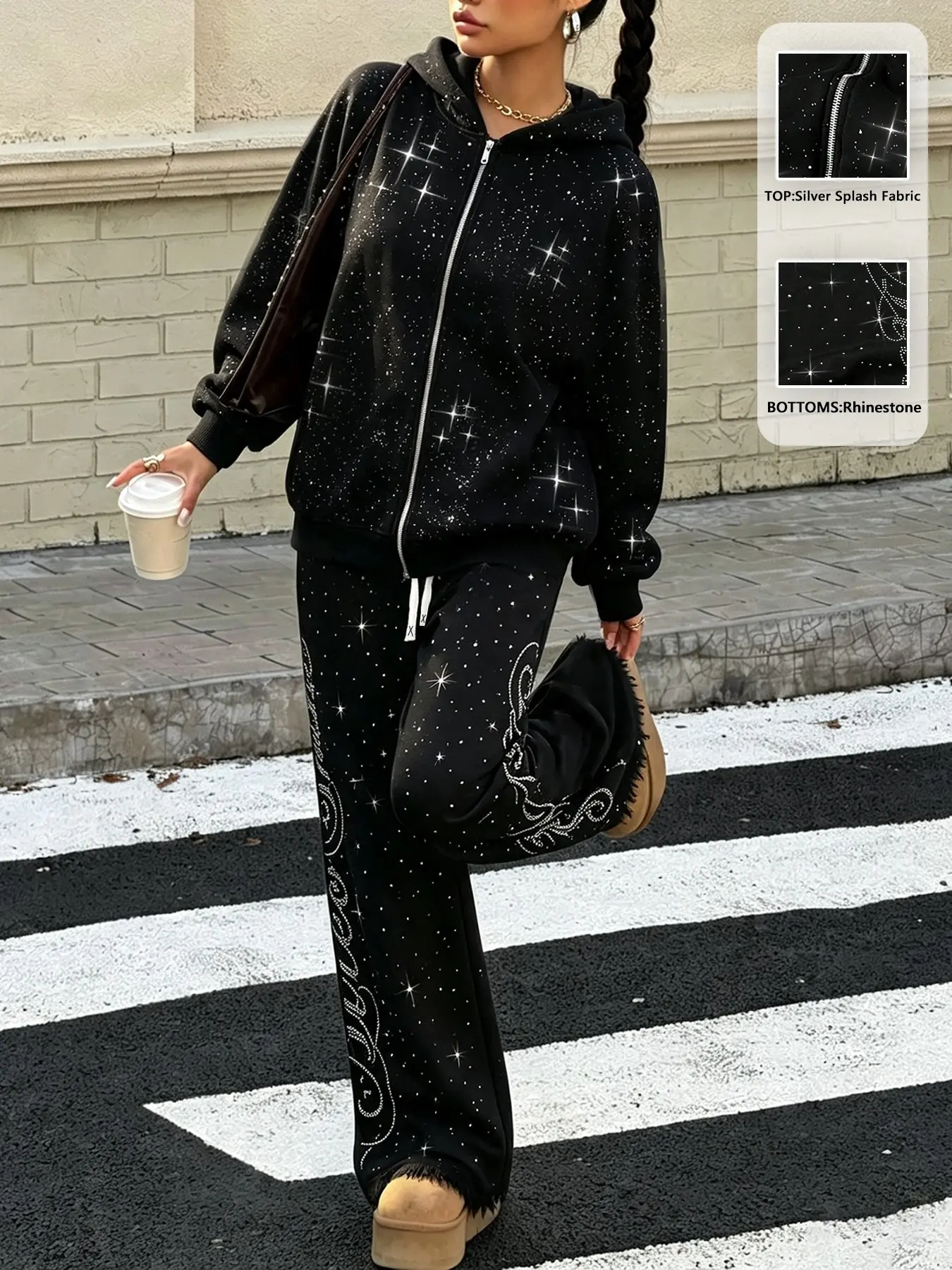 2Pcs Women's Rhinestone Star Zip Up Hoodie & Fringe Wide Leg Pants Set, Casual Street Tracksuit, For Daily Outfit