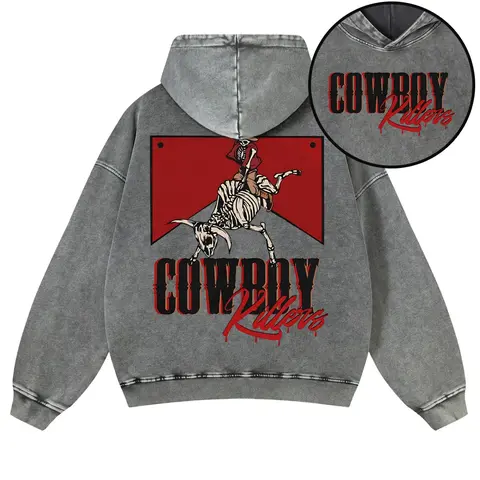 Vintage Acid Wash Cowboy Killers Hoodie Oversized Western Skeleton Rodeo Graphic Sweatshirt Retro Heavyweight Pullover Unisex Streetwear Top