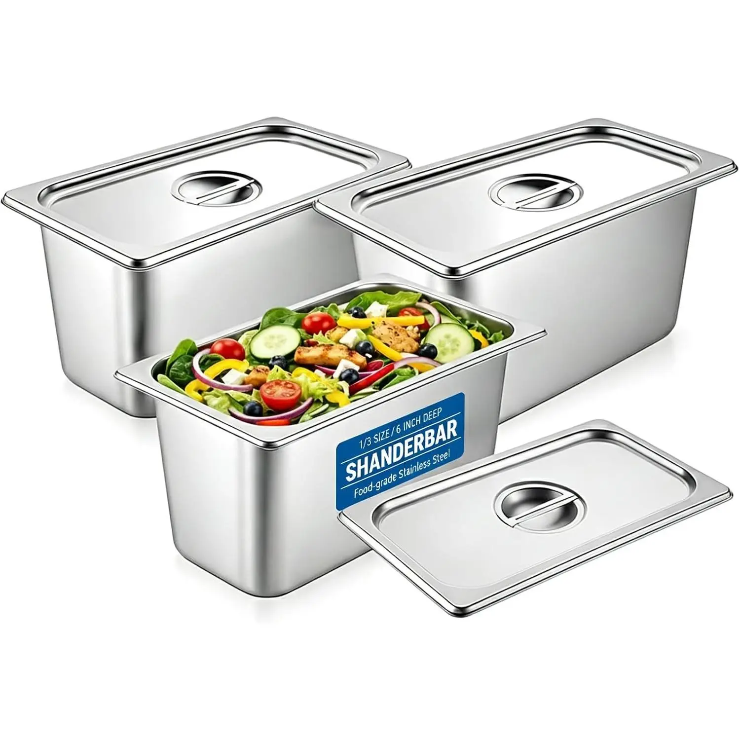 3-Pack 1/3 Size 6-in Deep Stainless Steel Hotel Pans with Lids, Commercial Steam Table Pans for Chafing Dishes, Restaurant Supplies, Stainless Steel Pans