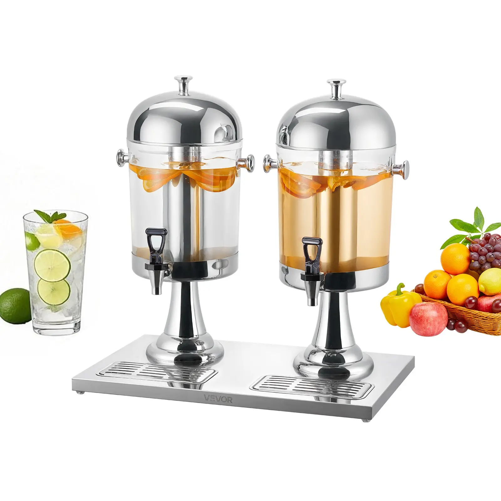 VEVOR 2-Pack 2.1 Gal Beverage Dispensers, Stainless Steel & Plastic with Spigot, Ice Chamber Tray, for Parties, Restaurants