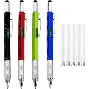 4 count 6 in 1 Multitool Pen Gifts for Men Dad Husband Multi Tool Pen with Level Ruler  Stylu Refills Cool Gadgets Birthday  for Father (Red,Green,Gray,Blue)
