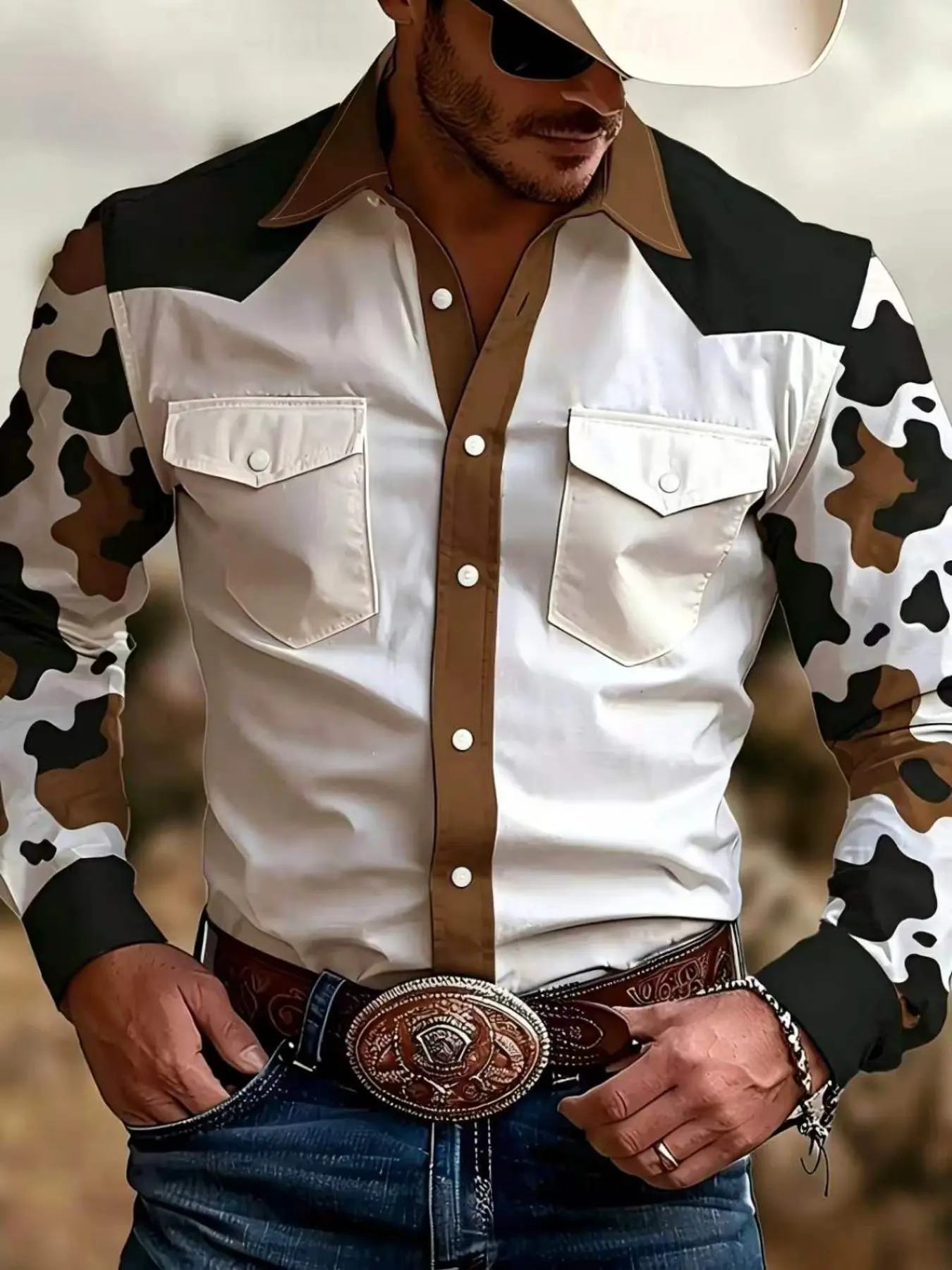 Men's Camouflage Shirt, Fashion Western Style Long Sleeve Top, Versatile Workwear Men's Clothing, Casual Fitted All over Print, Casual Outings Shirt