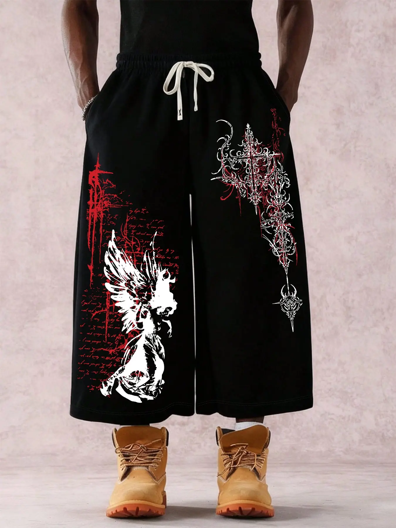Opium Gothic Men's Loose 3/4 Crop Pants Graphic Angel Wings Cross Wide Leg Sweatpants Y2K Vintage Dark Streetwear Casual Hip Hop Trousers