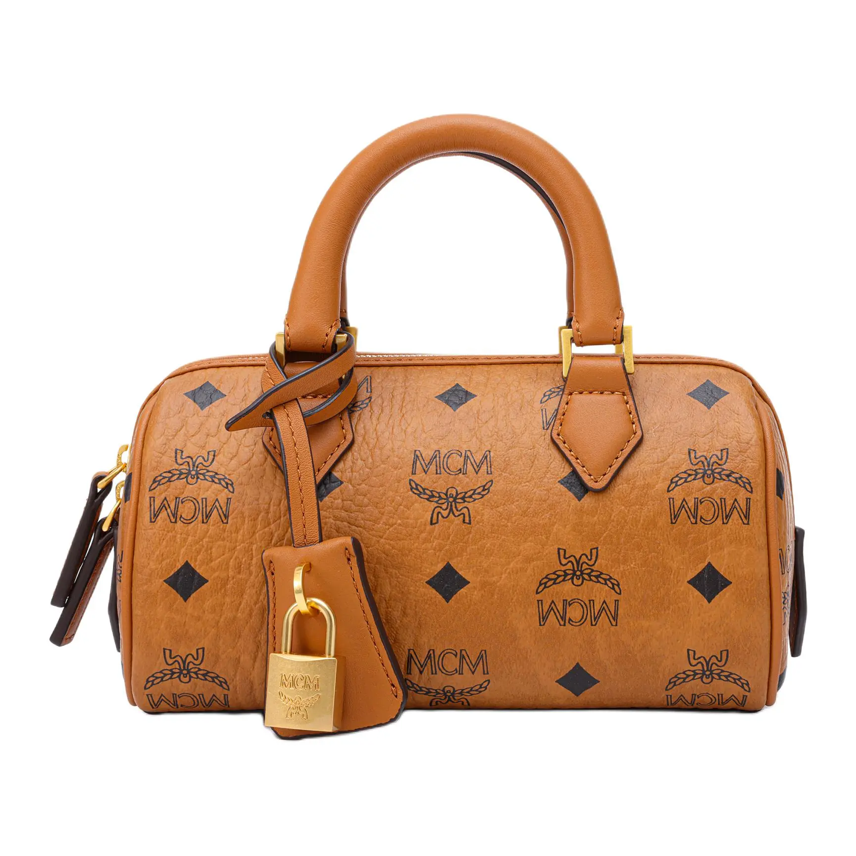 MCM Ella Monogrammed Gold Lock Pendant Boston Tote Bag for Women – Canvas and Leather, Brown and Cognac
