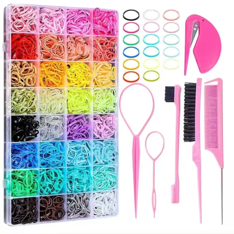 32 Colors Girl Hair Bands Set, Qtopun 2000 Mini Non-Slip Elastic Hair Clips, Includes 6 Styling Tools, Perfect for Kids and Pets, Hair Accessories Set