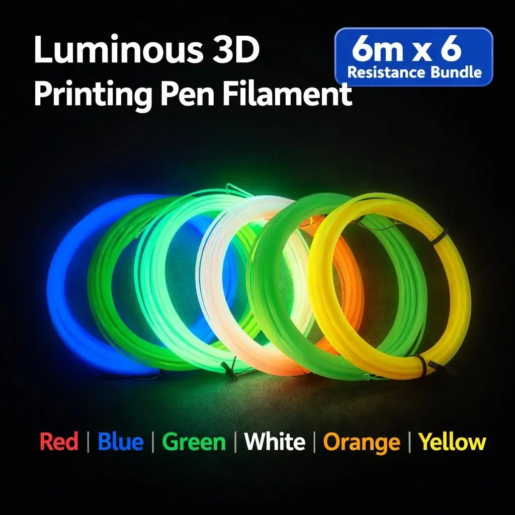 6 Colors Luminous 3D Pen Filament Refill Set, Long Last Glow Pla Consumables, 1.75mm 3D Printing Pen, Ideal for Creative Projects