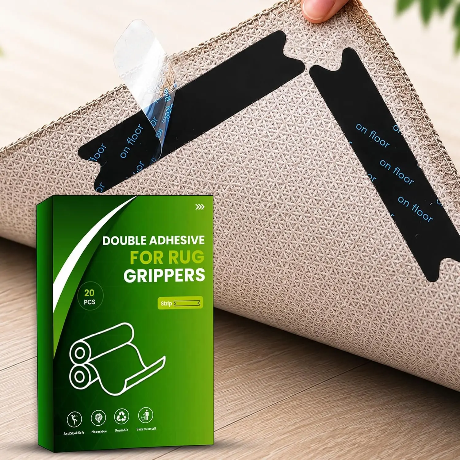 Rug Gripper Pads, 20 count Super Adhesive Rug Grippers – Resuable & Washable Non-Slip Rug Stoppers, Helps  Curling  Hardwood Floors and Carpet Corners