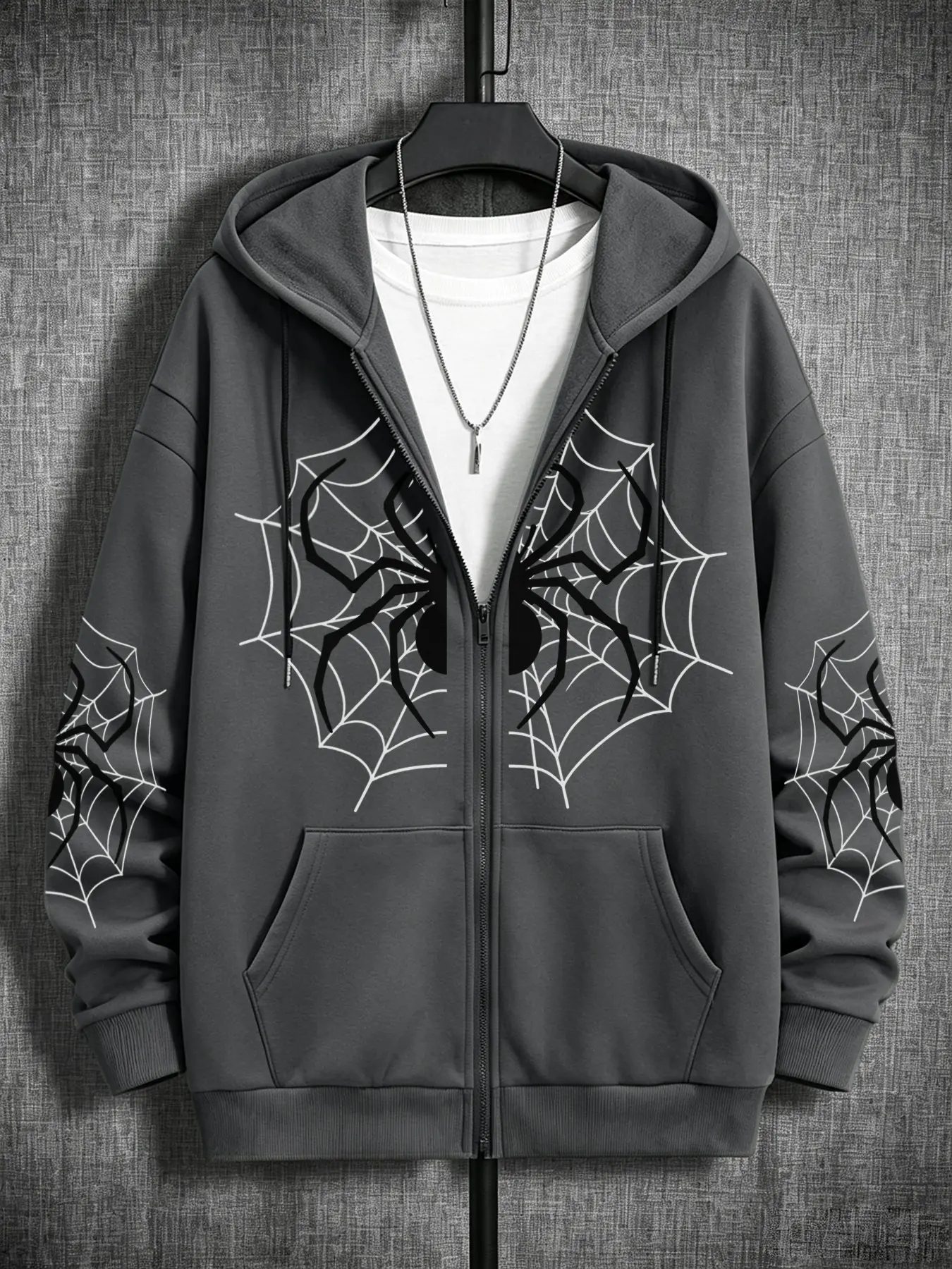 Men's Casual Long Sleeve Hooded Zipper Fleece Sweatshirt Cardigan, Unique Spider Print, Halloween Fashion, Fall & Winter Street Style
