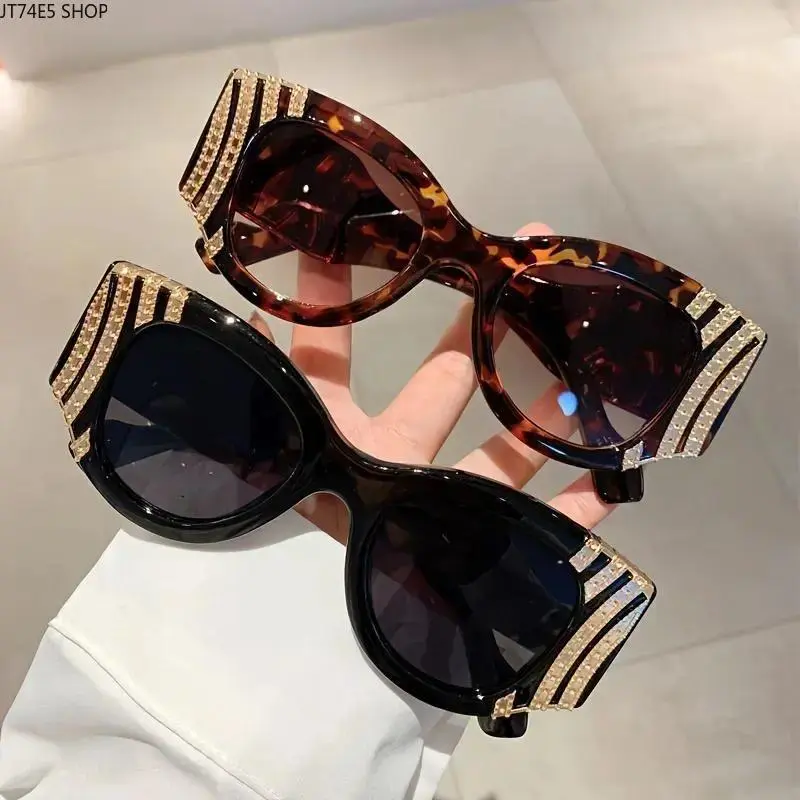 Women Oversized Cat Eye Sunglasses, Trendy Punk Internet Celebrity Shades with Metallic Accents, Two-Tone Brown Black Frame Gradient Flat Lenses Unisex Streetwear Eyewear