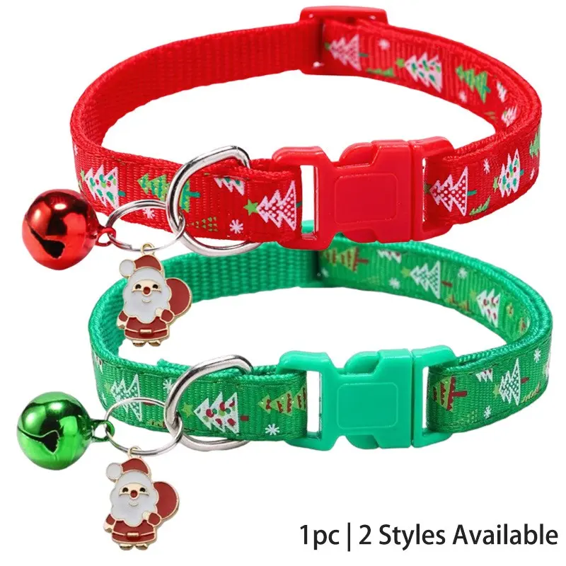Festive Christmas Cat Dog Collar, Santa Snowflake Cedar Tree Design, Anti-Loss Bell, Adjustable Quick Release Safety Clip, Perfect Holiday Gift