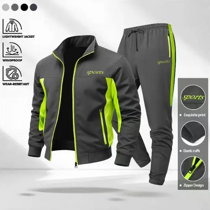Men’s 2-piece set with sports print design, lightweight windproof activewear featuring a zip jacket and athletic pants with elastic cuffs, suitable for gym workouts and running training. men 