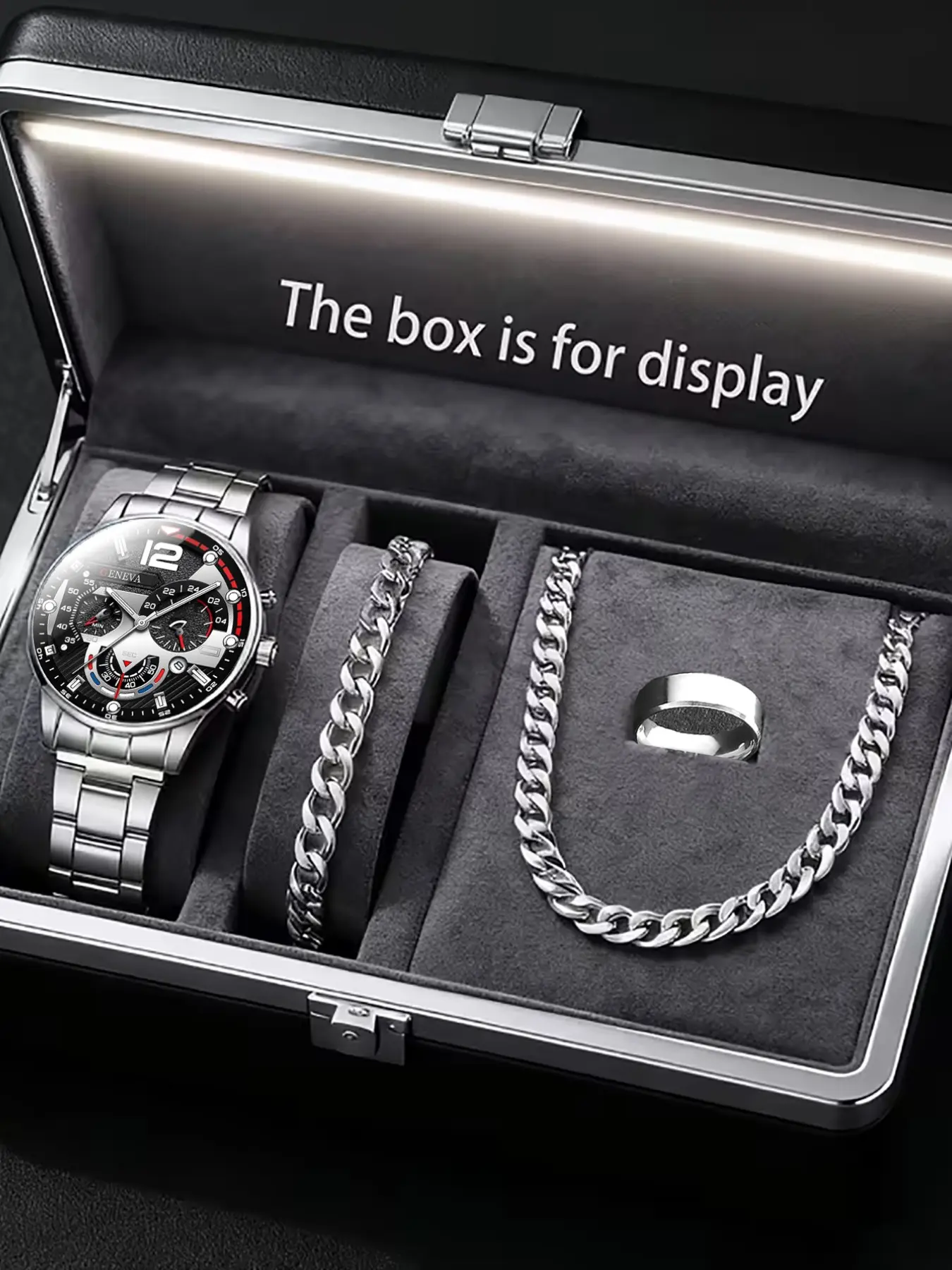 Trendy Silver Color Watch Face Set, Men's Roman Numeral Quartz Dial Watch, Necklace Bracelet Ring Set, Multiple Accessories, Calendar Gift for Him, Jewelry Watch Set