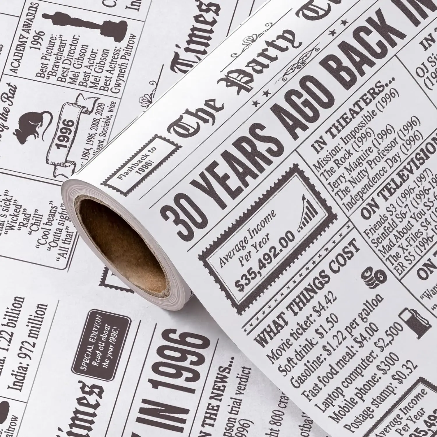 WRAPAHOLIC Kraft 30th Birthday Wrapping Paper Roll - Mini Roll - 17 Inch x 16.5 Feet - Back in 1996 Vintage Newspaper Kraft Wrapping Paper for 30th Birthday, Women Men Adult, Anniversary
