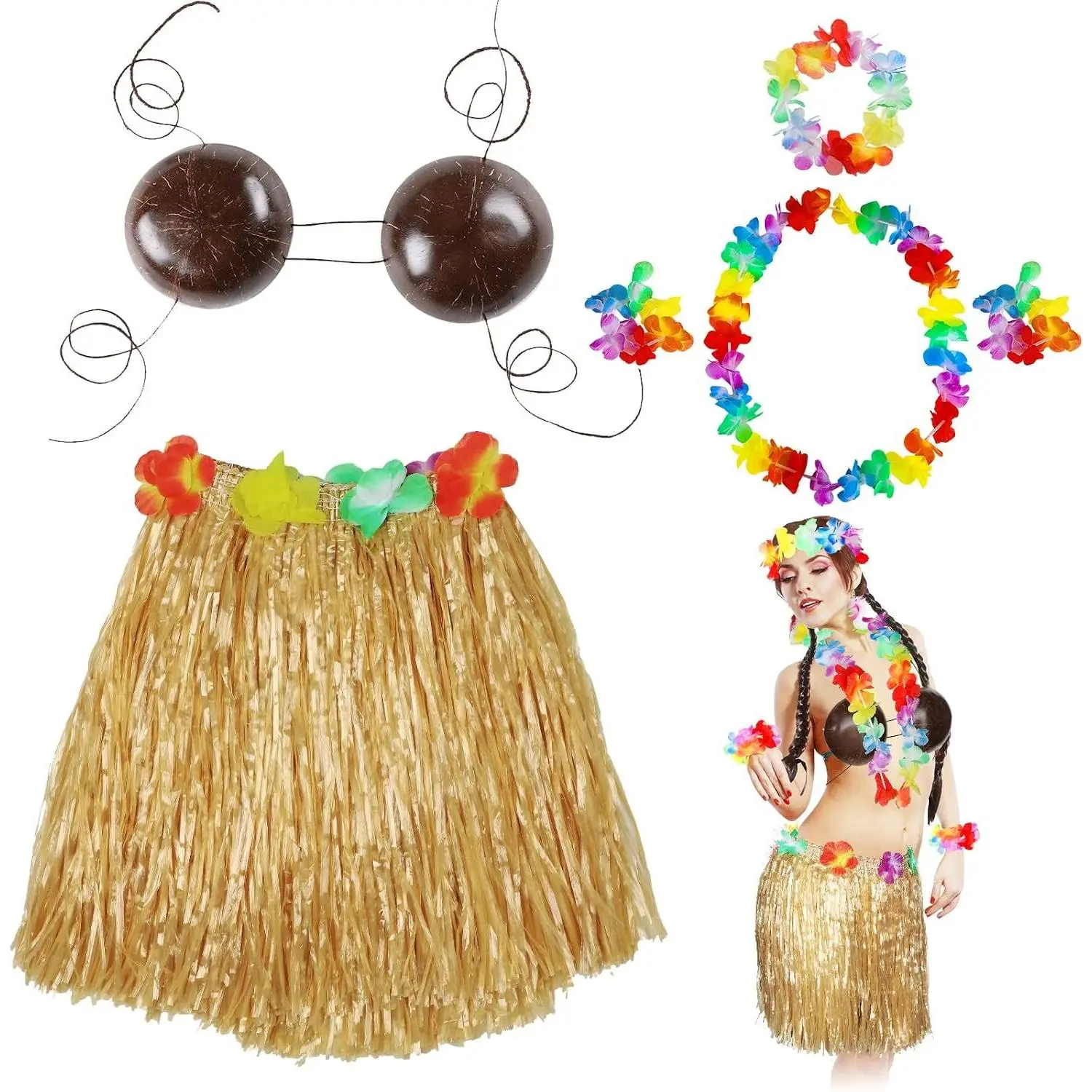 6 Pcs Coconut Bra Hawaiian Grass Skirt Costume Set for Women | 15.7 Inch Hula Skirt, Leis, Luau Party Outfits, Adult(Gift)