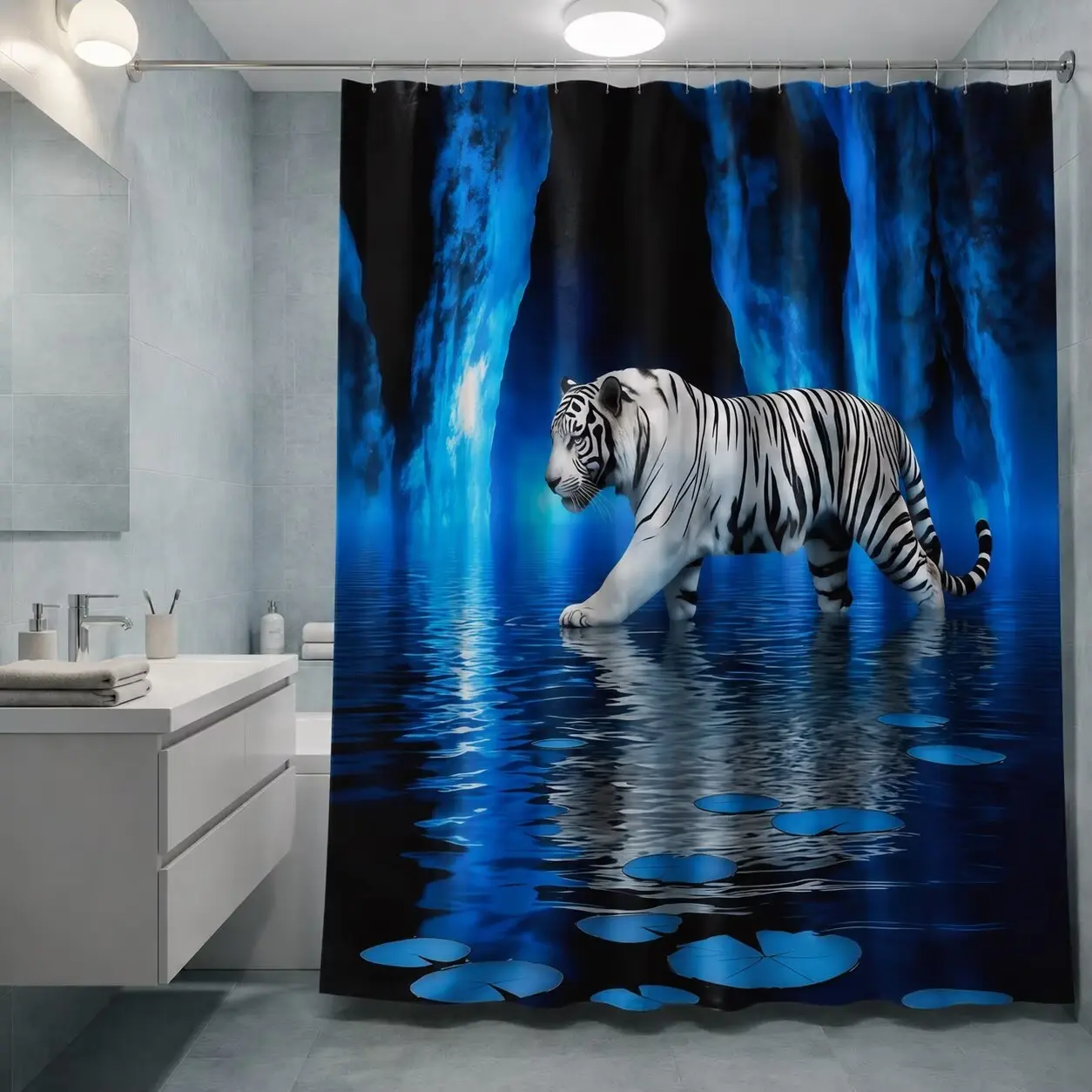 1/4pcs Blue Cave Tiger Pattern Bathroom Decor Set, Aesthetic Bathroom Decor, including toilet seat cover, rectangular bathroom mat, and U-shaped mat, with 12 shower curtain hooks, Shower Curtain Sets