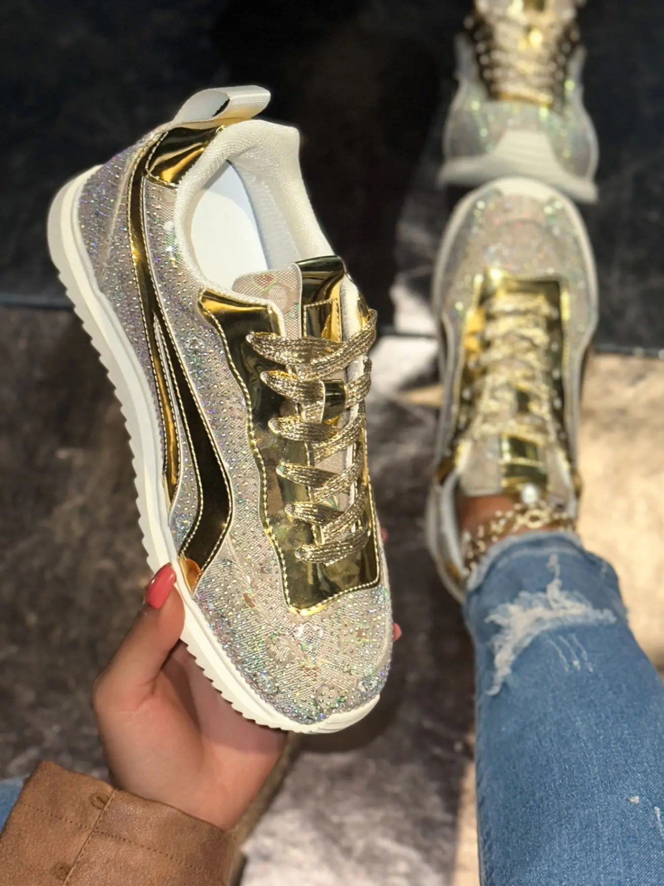 Women's Floral Print Sneakers, Silver Color Reflective Stripes, Full Rhinestone Patchwork, Sporty Style, Lightweight Retro Running Shoes