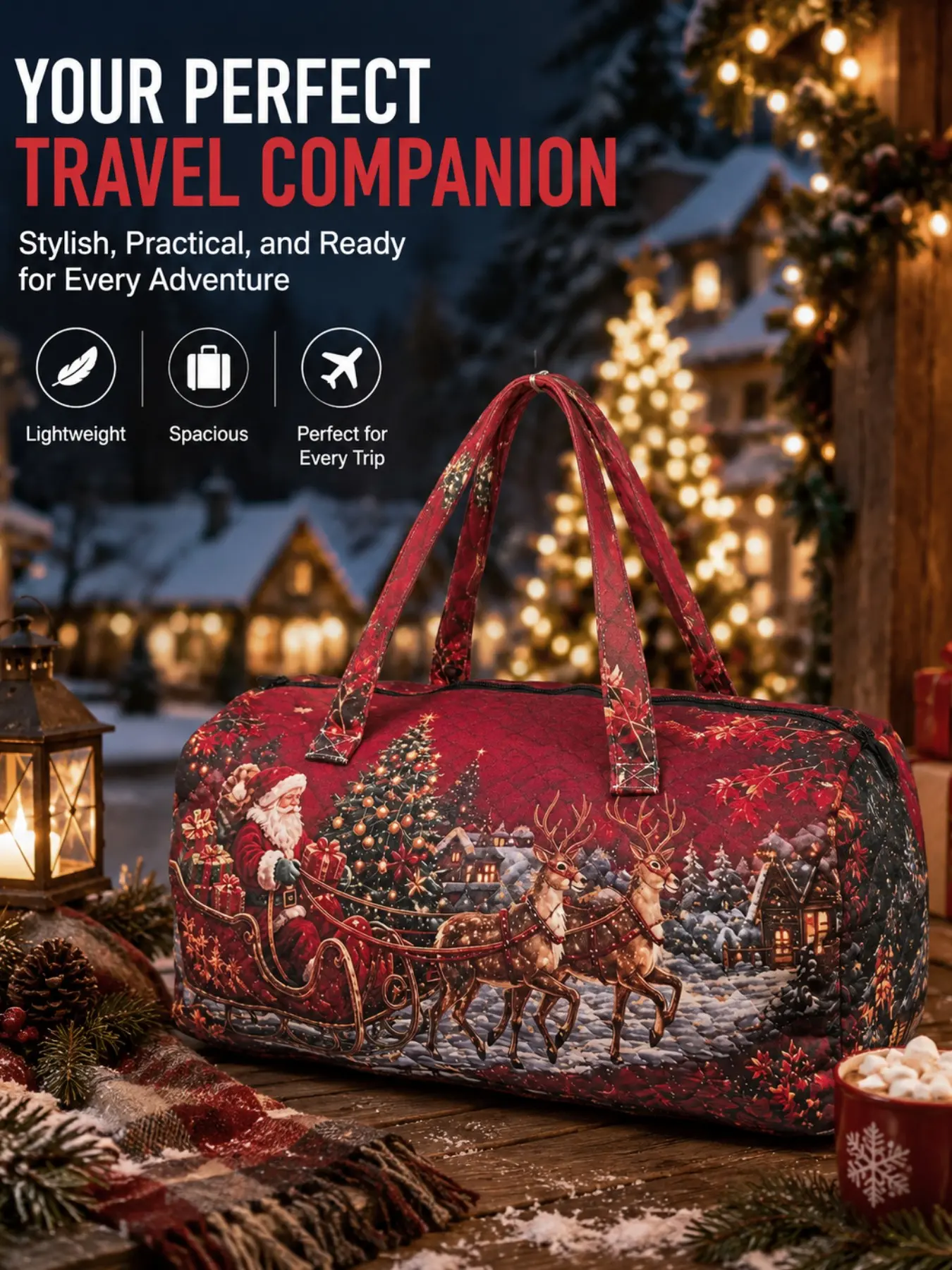 Vintage Christmas Town Santa Sleigh Print Lightweight Duffel Bag, HD Wear-Resistant 3D Stitched Cylinder, Holiday Gift for Outdoor Travel Lovers