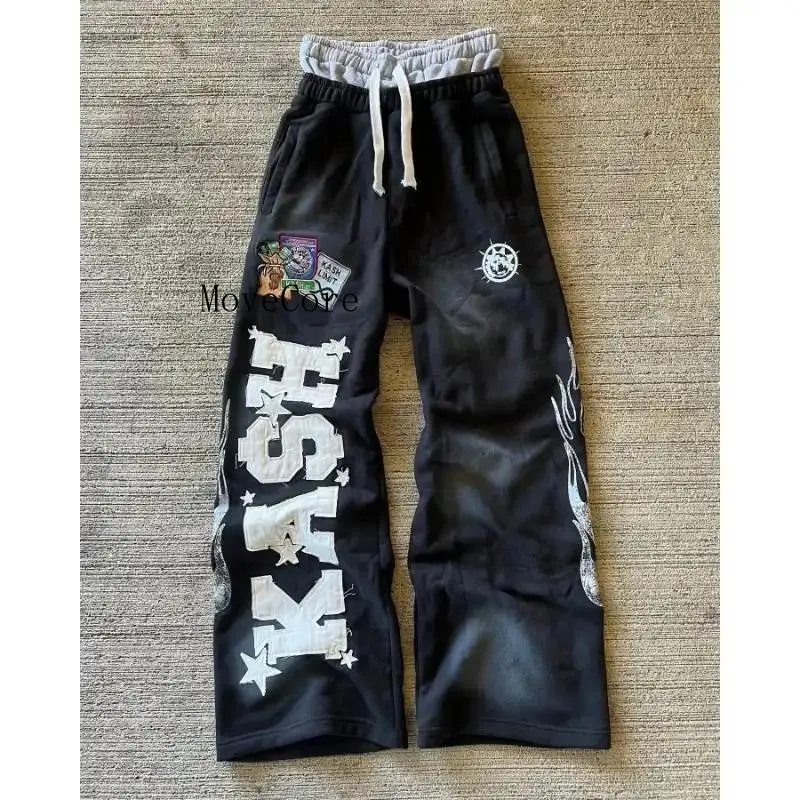 NEWNewAmerican Sweatpants Y2K Pants Men Gothic Hip Hop Letter Patch Retro Double Layer Design Baggy Elastic Waist Jogging Casual Pants