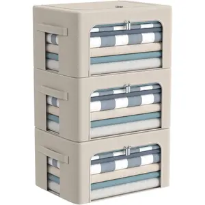 3Pack Frame Storage Box - Clothes Storage Bin Bags Oxford Fabric Foldable Stackable Container Organizer Set with Clear Window & Carry Handles Large Capacity (Beige, Small-22L)