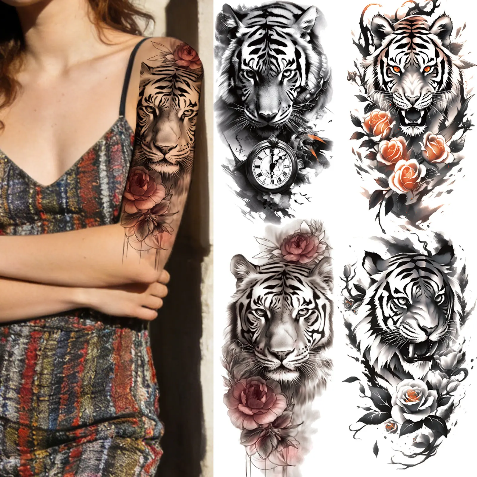 4 Sheets Tiger Flower Temporary Tattoos for Men and Women Realistic Fake Tattoo Forearm Tattoo Stickers
