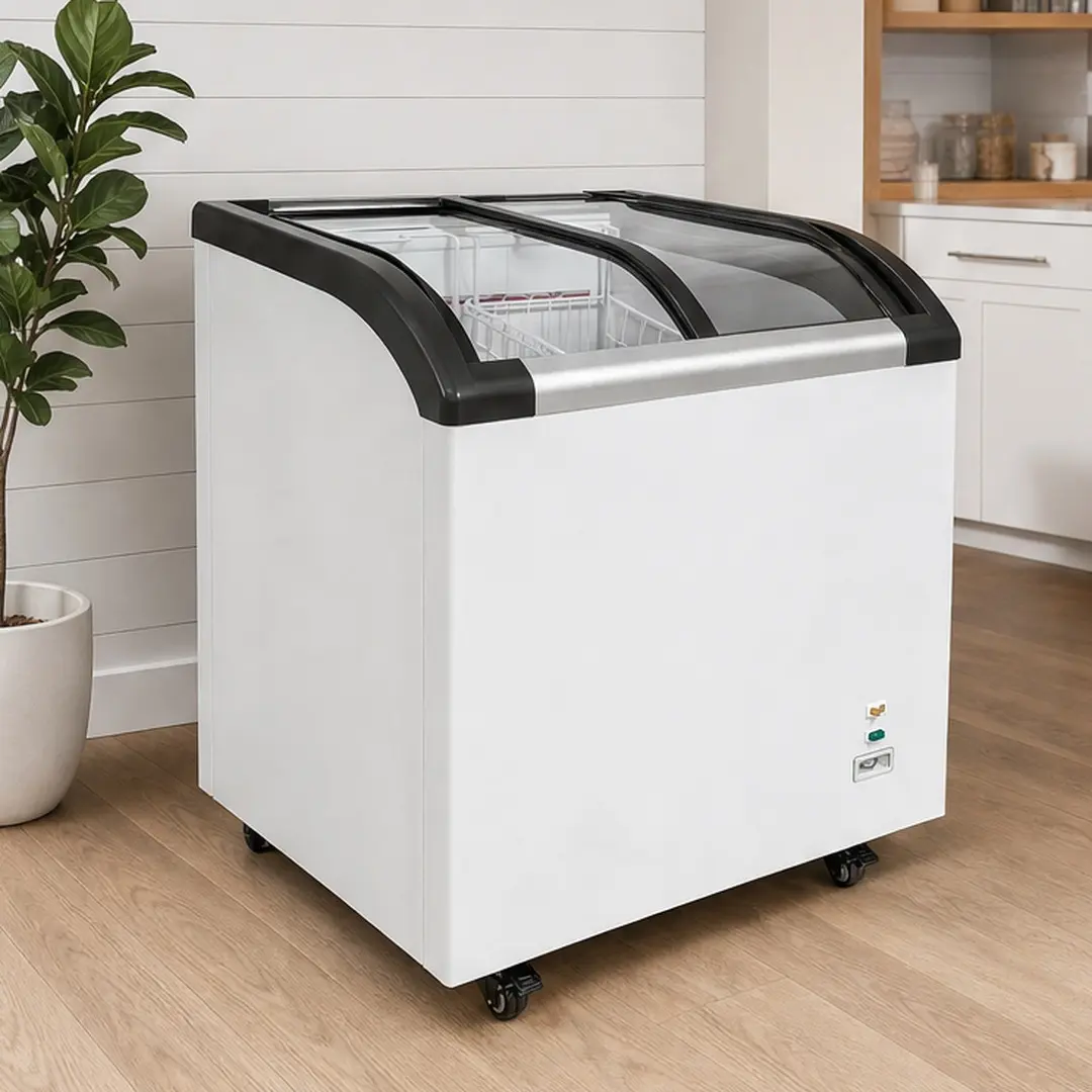 ARCH 4.6 Cu.ft Commercial Ice Cream Chest Freezer - Curved Sliding Glass Lid, Bright Interior LED Lighting, 2 3/4 Inch Insulation, Energy-Efficient Compressor, Mobile White Steel, Freezer Baskets for Shop Cafe, 26.77 W X 29.13 D X 33.46 H In