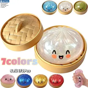Dumpling Squishy Toy Ball - 7 Colors Glitter Crystal Effect Squeezy Stress Ball, Squeeze Stress Ball, Squish Balls for Teenager & Adults - Sensory Fidget Toy for Anxiety Relief, Decompression Squeeze, Perfect Gift.