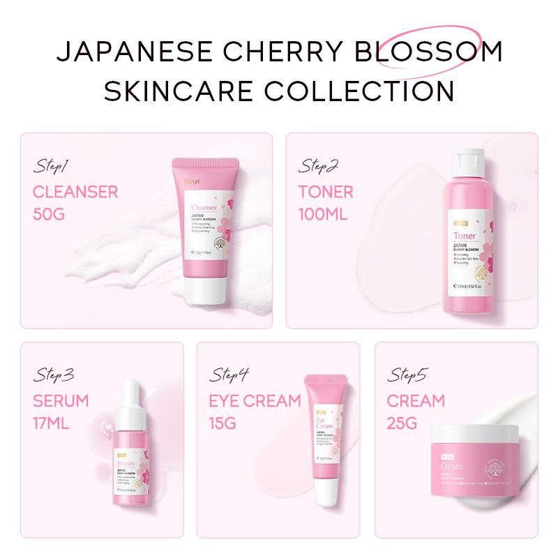 Japanese Cherry Blossom Skincare Set 5 Pieces, Deep Cleansing Hydration, Brightening Skin Tone, Soothing Repairing Facial Care