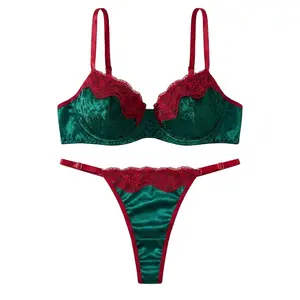 Lace Lingerie Set Holiday Contrast Color Underwire Bra & Thong Elegant Bedroom Night Outfit loungewear nightwear gift