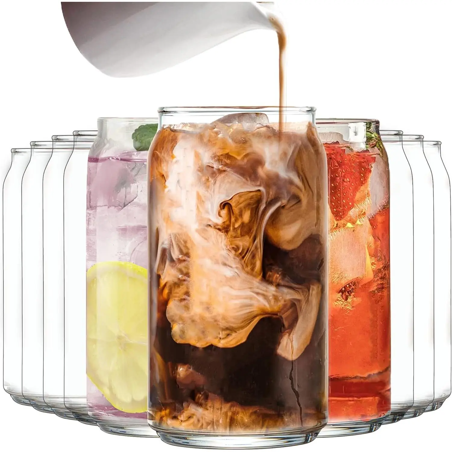 Set of 10 Patented Can Shaped® Drinking Glasses - 16oz Clear Irish Glass Cups for Margarita, Cocktails, Iced Coffee, Tea, Soda, Whiskey, Water and Beer.