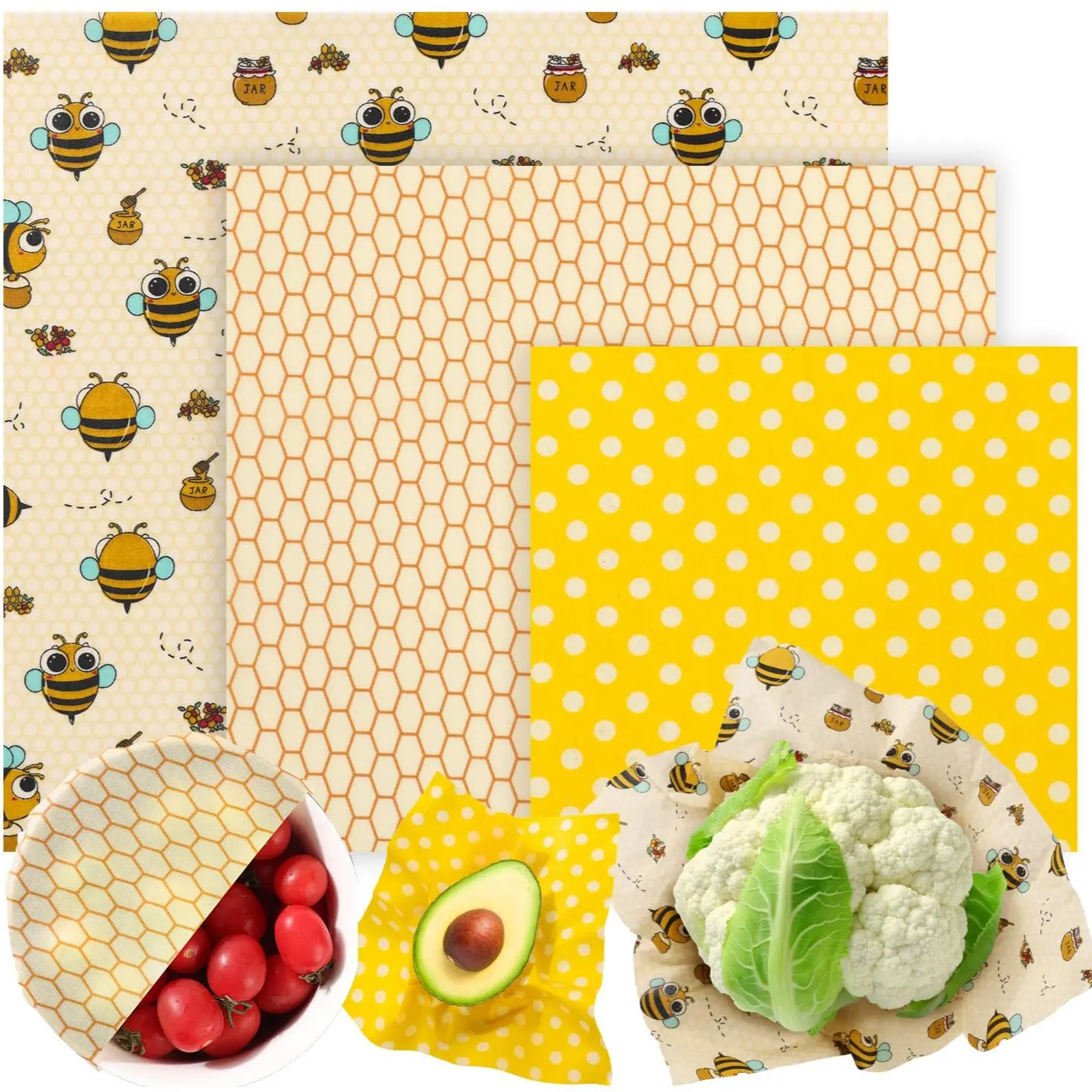Reusable Beeswax Wraps,3 Pack Eco-Friendly Beeswax Wraps For Food, for Bread, Sandwiches, Cheese & Bowl Covers ，vegetable，Food Storage， Organic, Zero Waste, Plastic and Silicone Free