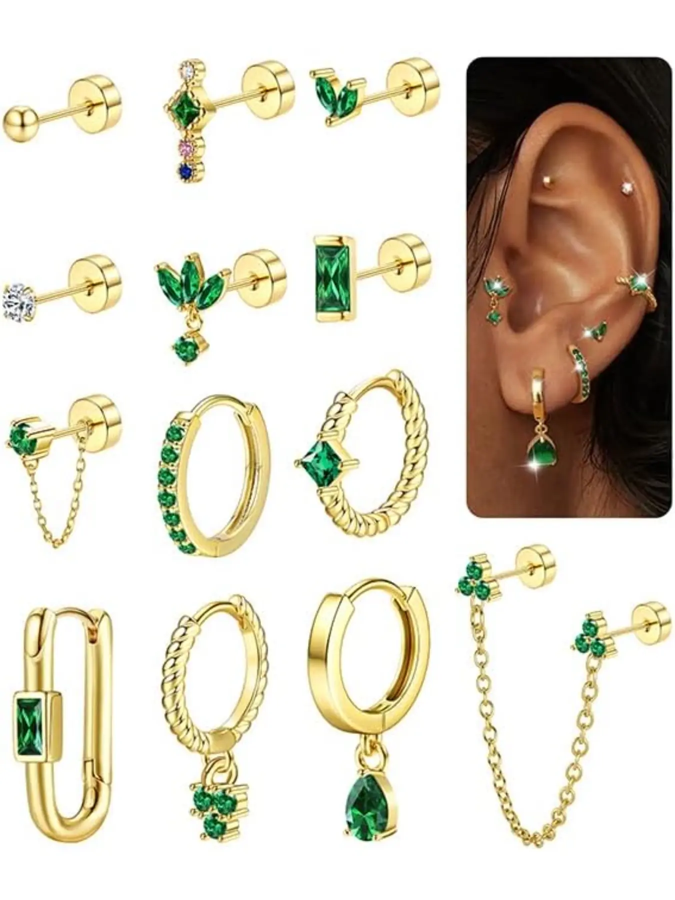 13Pcs Gold Earrings Set for Multiple Piercings Women Flat Back 14K Gold Plated Silver Cartilage Helix Small Stud Earrings Hoops Stainless Steel Huggie Earring Pack Green CZ Earrings