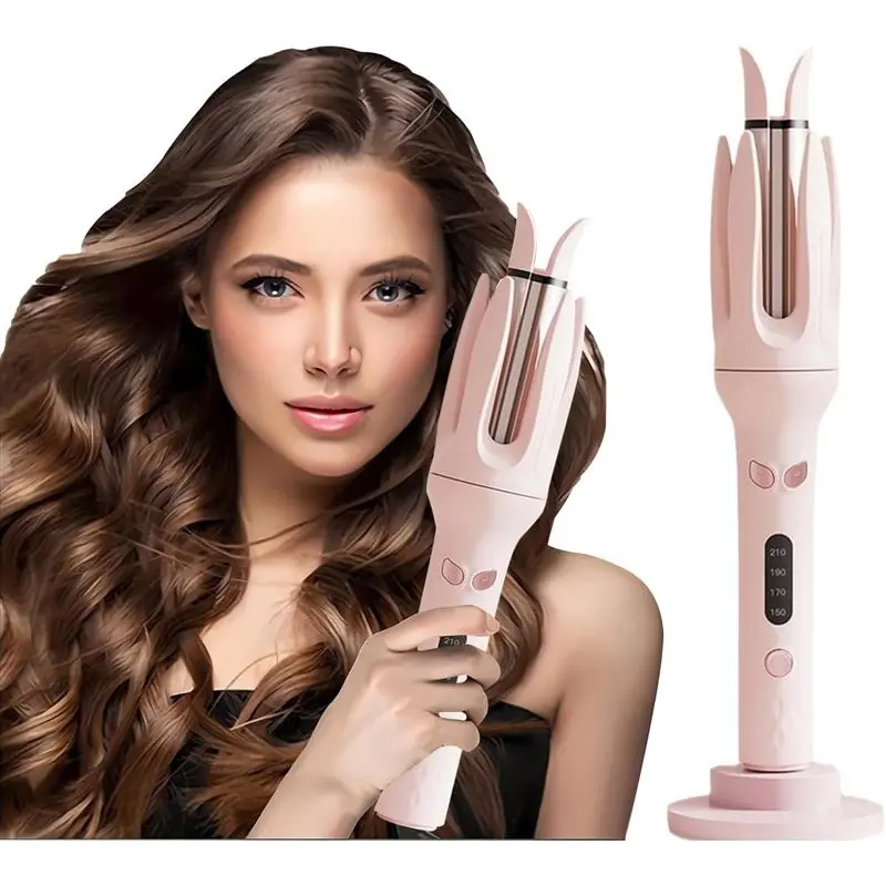 Pink Automatic Rotating Curling Iron with 28mm Ceramic Barrel, 4 Temperature Settings, Timer, Anti-Tangle and Anti-Scald Hair Curler