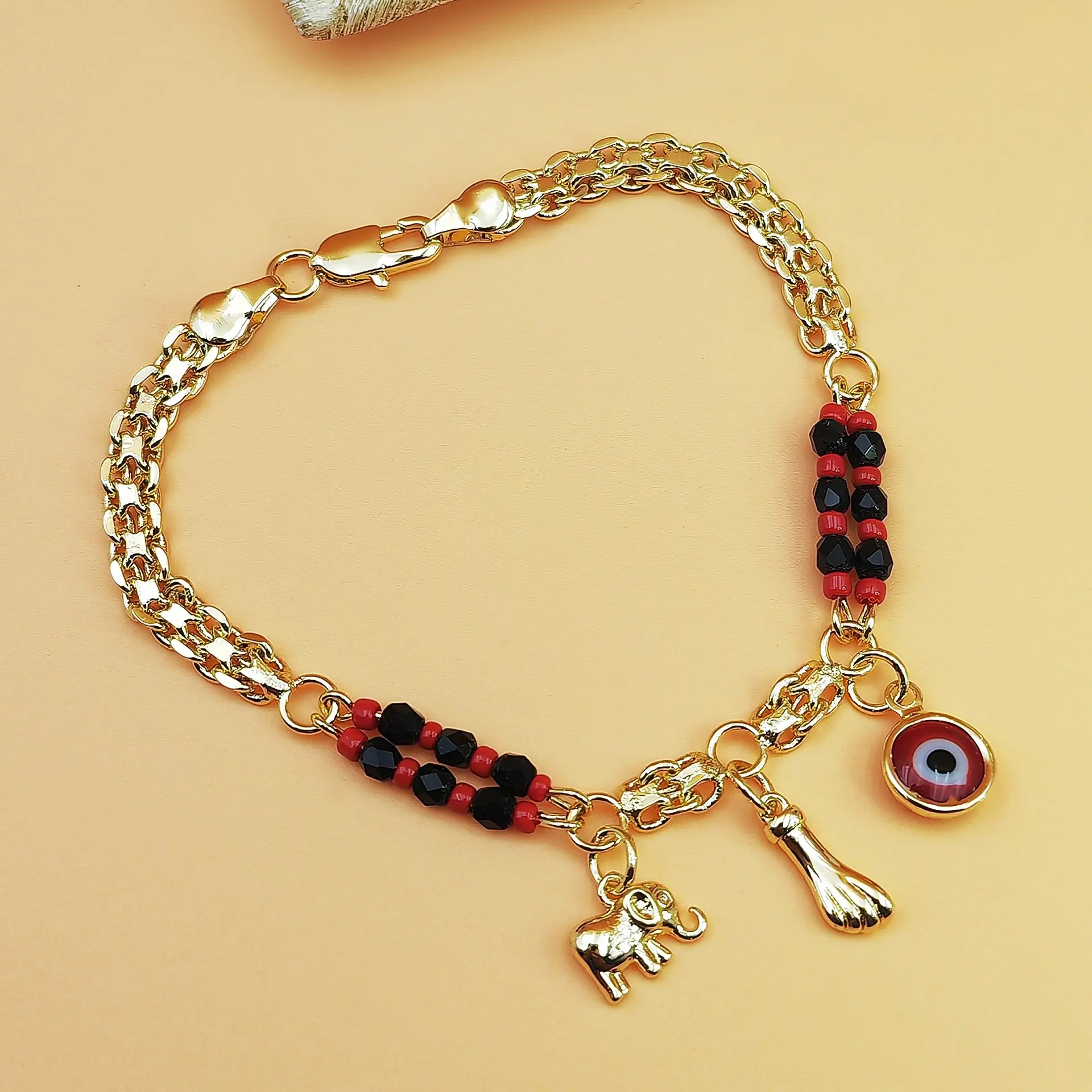 Handmade 14K Gold Plated Azabache Bracelet for Women Red Evil Eye Protection Charm Jewelry Pulsera de Proteccion Contra Mal de Ojo Figa Hand Elephant Lucky Amulet Funky Unique Fashion Gift