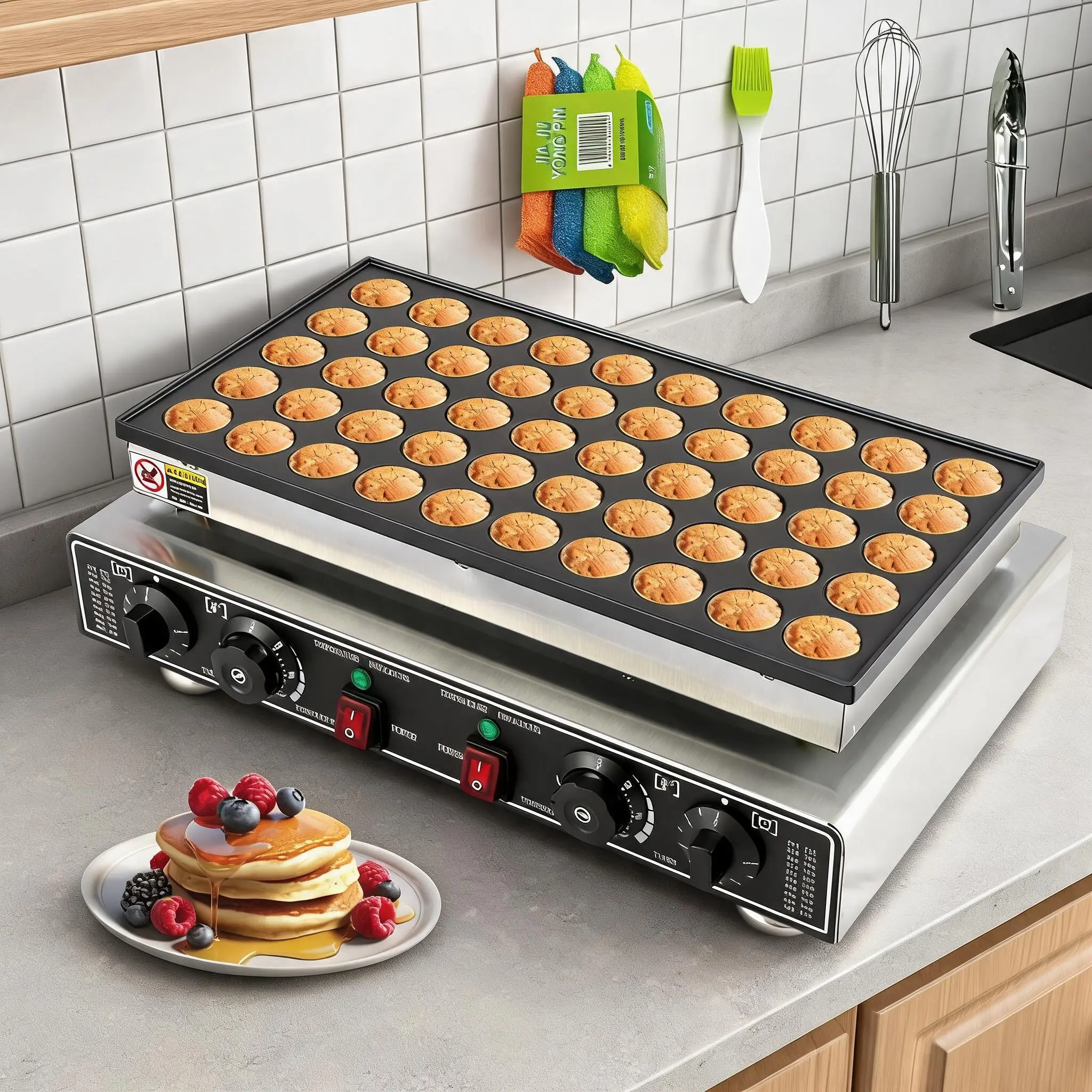 50 Pcs Mini Pancakes Maker Machine, 1800W Electric Nonstick Mini Pancake Maker with Temp & Time Control, Stainless Steel, Perfect for Home or Commercial Use