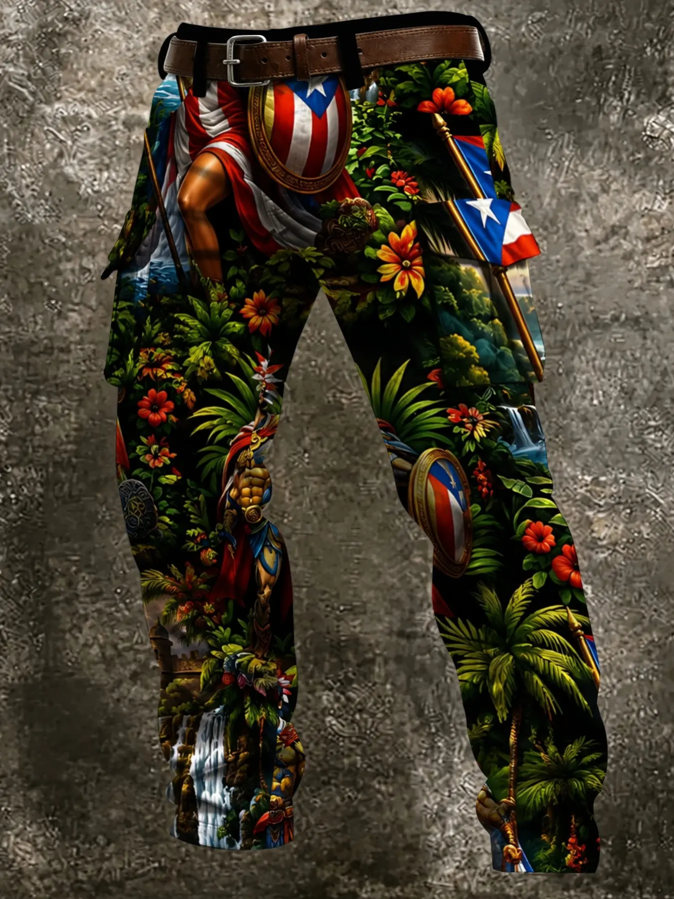Rainforest Flag Mythical Workwear Pants, Palm Tree & Waterfall Print, Puerto Rico Flag Design, Large Side Pockets, Casual Long Pants